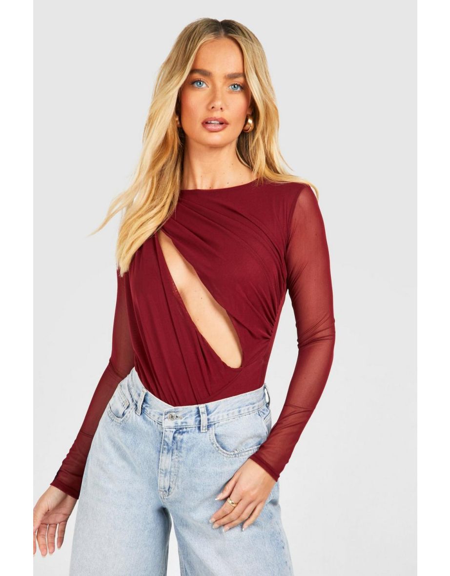 Ruched Mesh Cut Out Long Sleeve Bodysuit