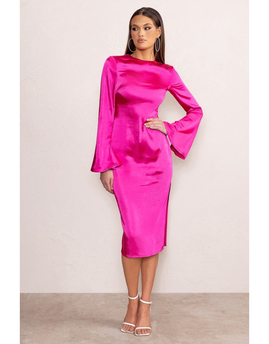 Zaina | Hot Pink Long Sleeve Maxi Dress with High Neckline - 4