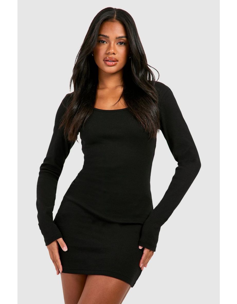 Scoop Neck Long Sleeve Rib Mini Dress - black