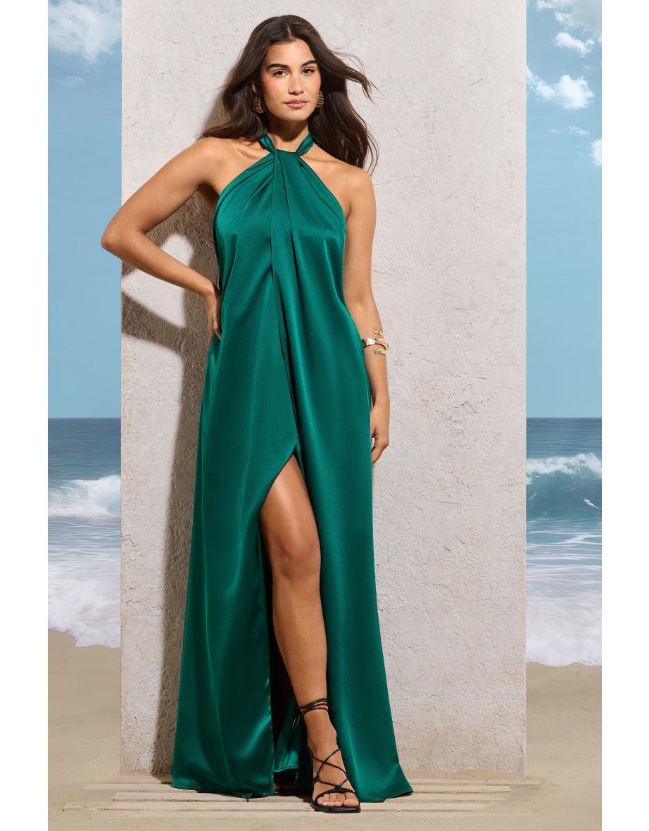 Shop Seraphina | Bottle Green Satin Halter-Neck Split Dress