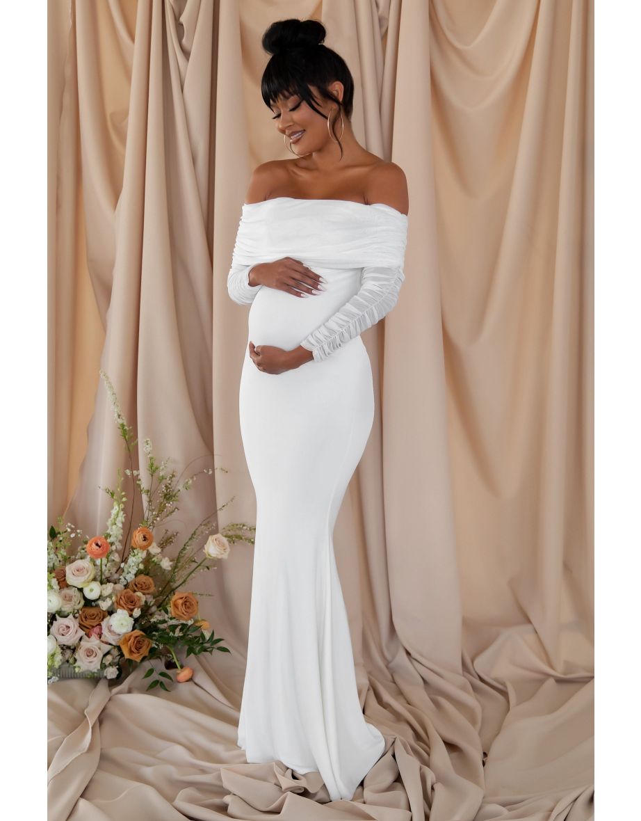 White Maternity Ruched Mesh Bardot Maxi Dress
