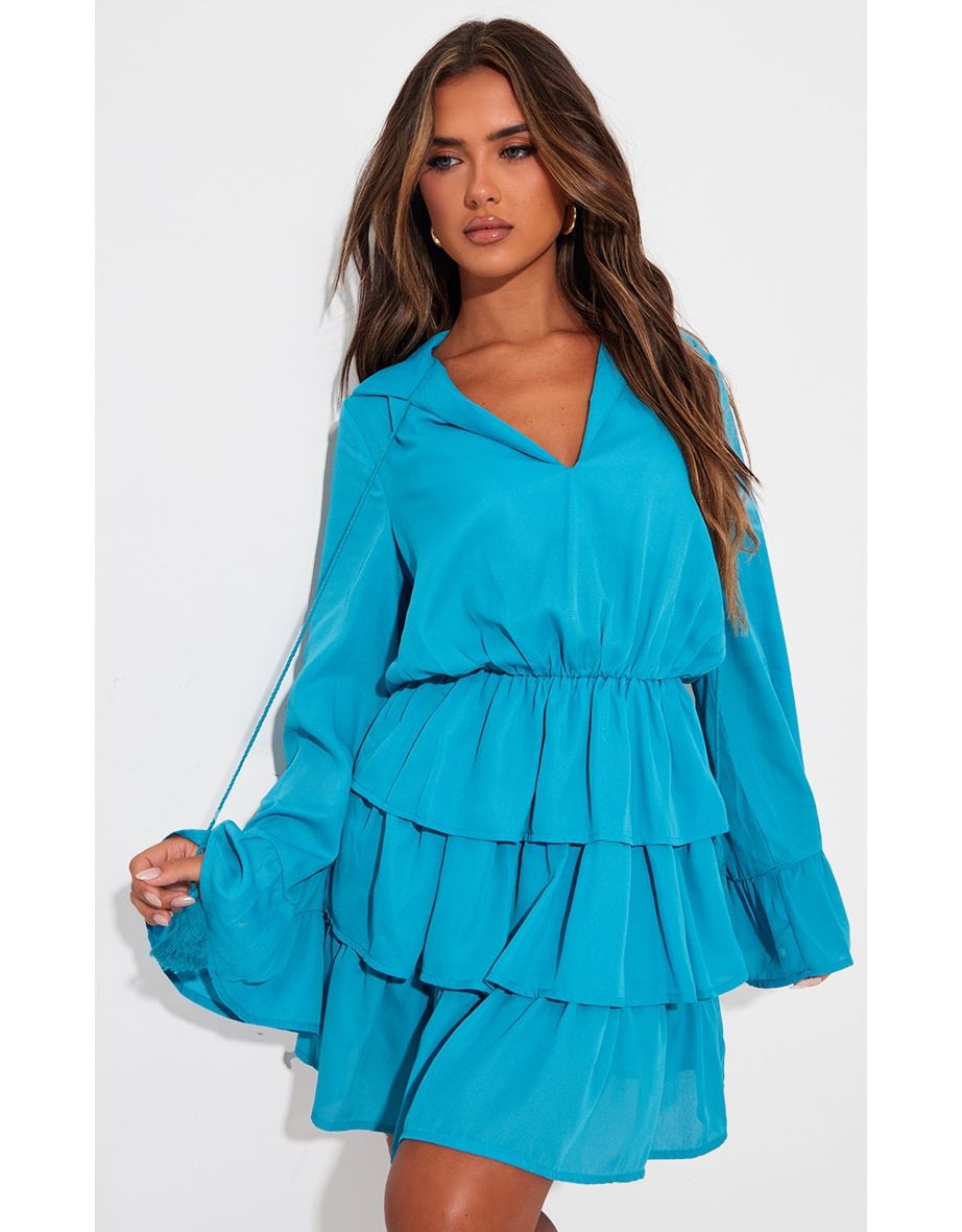 Petrol Blue Satin Frill Tie Shift Dress