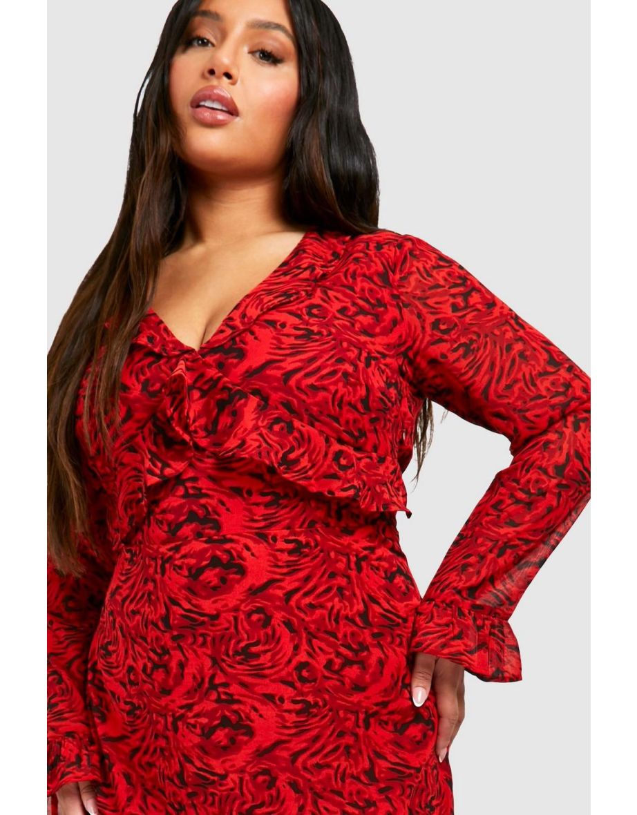 Plus Chiffon Printed Smock Dress - red - 3