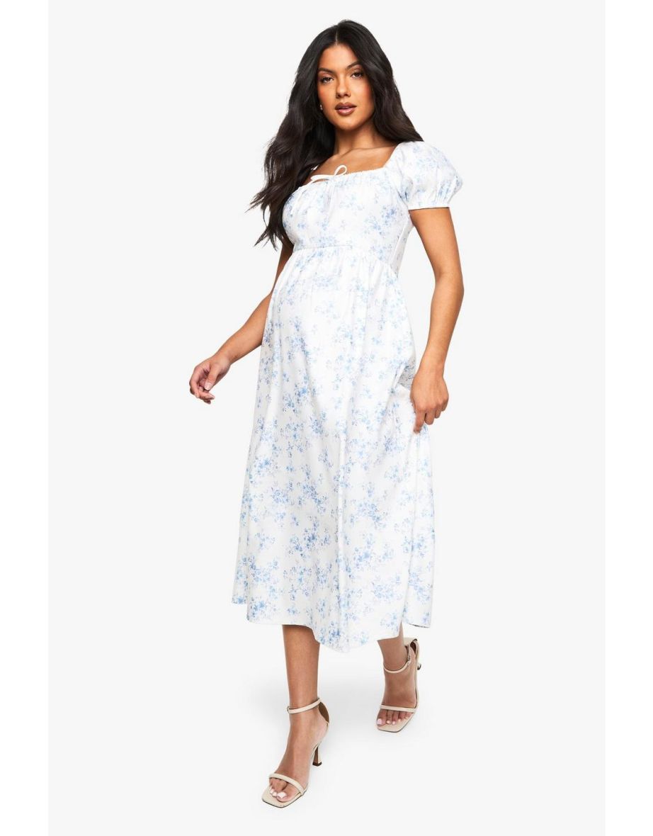 Maternity Bengaline Puff Sleeve Porcelain Print Milkmaid Midi Dress - light blue