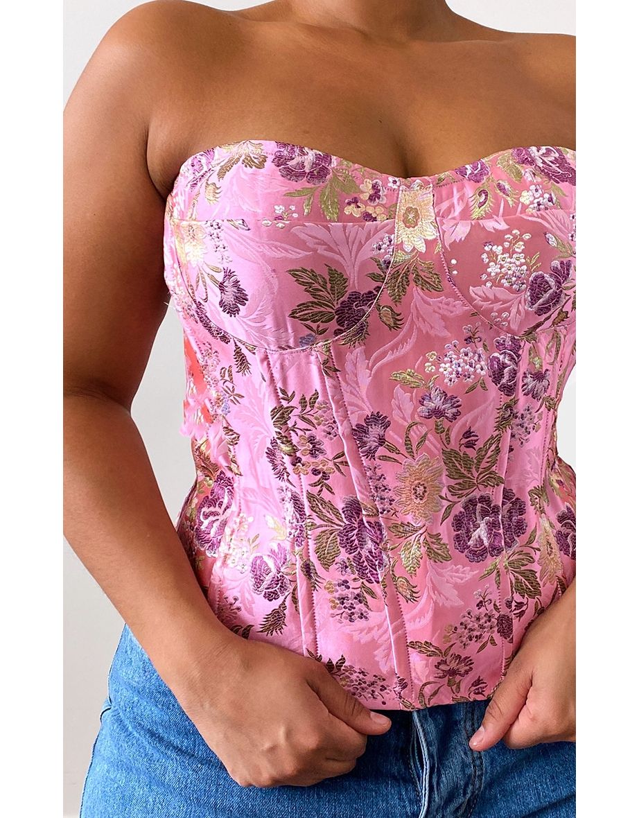 Plus Pink Satin Floral Print Corset - 3