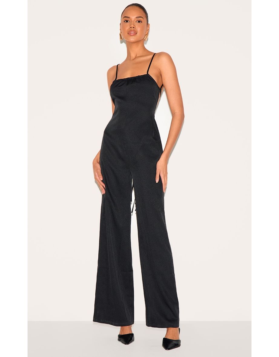 Black Woven Backless Square Neck Wide Leg Jumpsuit