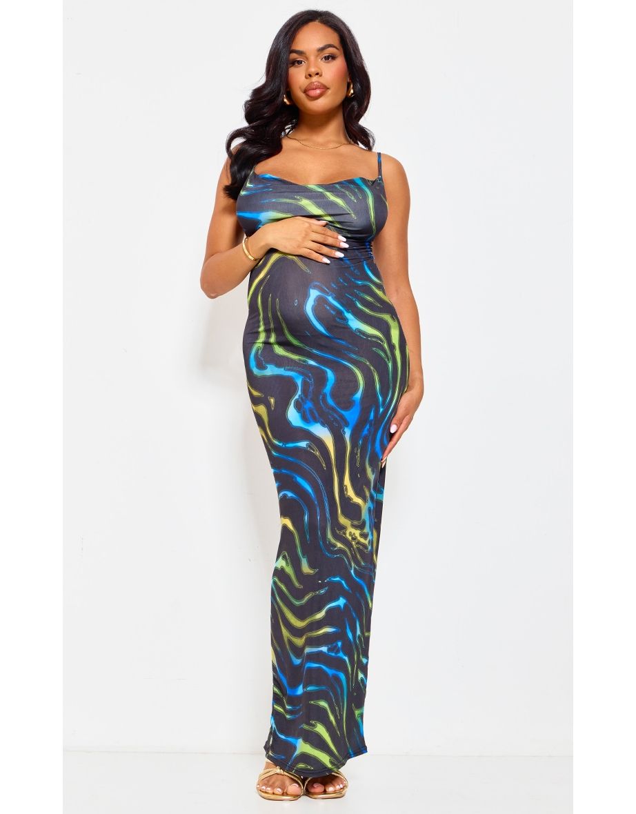 Maternity Green Multi Print Cowl Maxi Dress