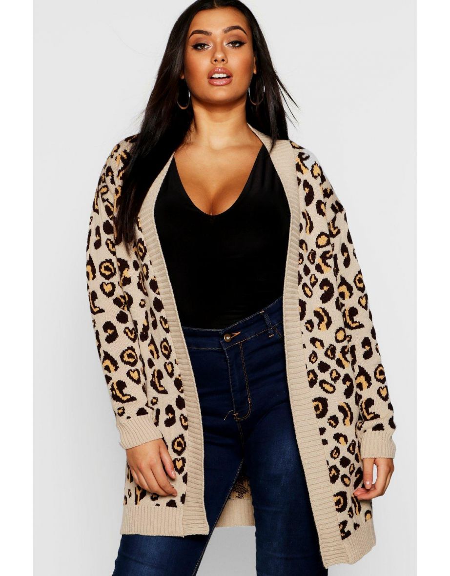 Plus Leopard Knitted Oversized Cardigan - camel