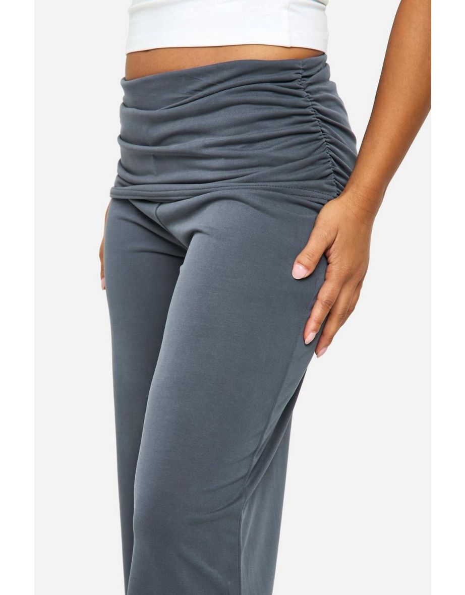 Petite Jersey Fold Over Waist Wide Leg Trousers - grey - 3