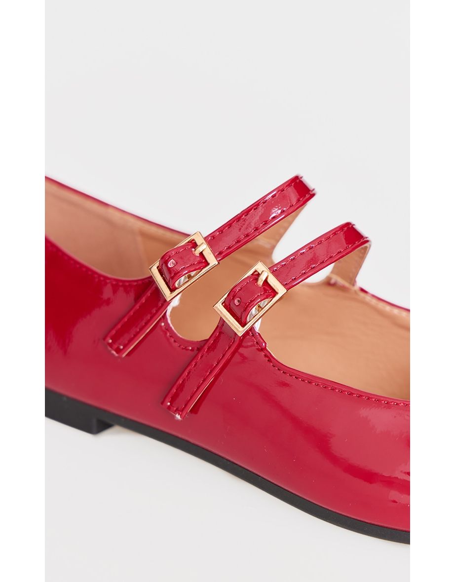 Red Patent PU Round Toe Double Buckle Ballet Pumps - 3