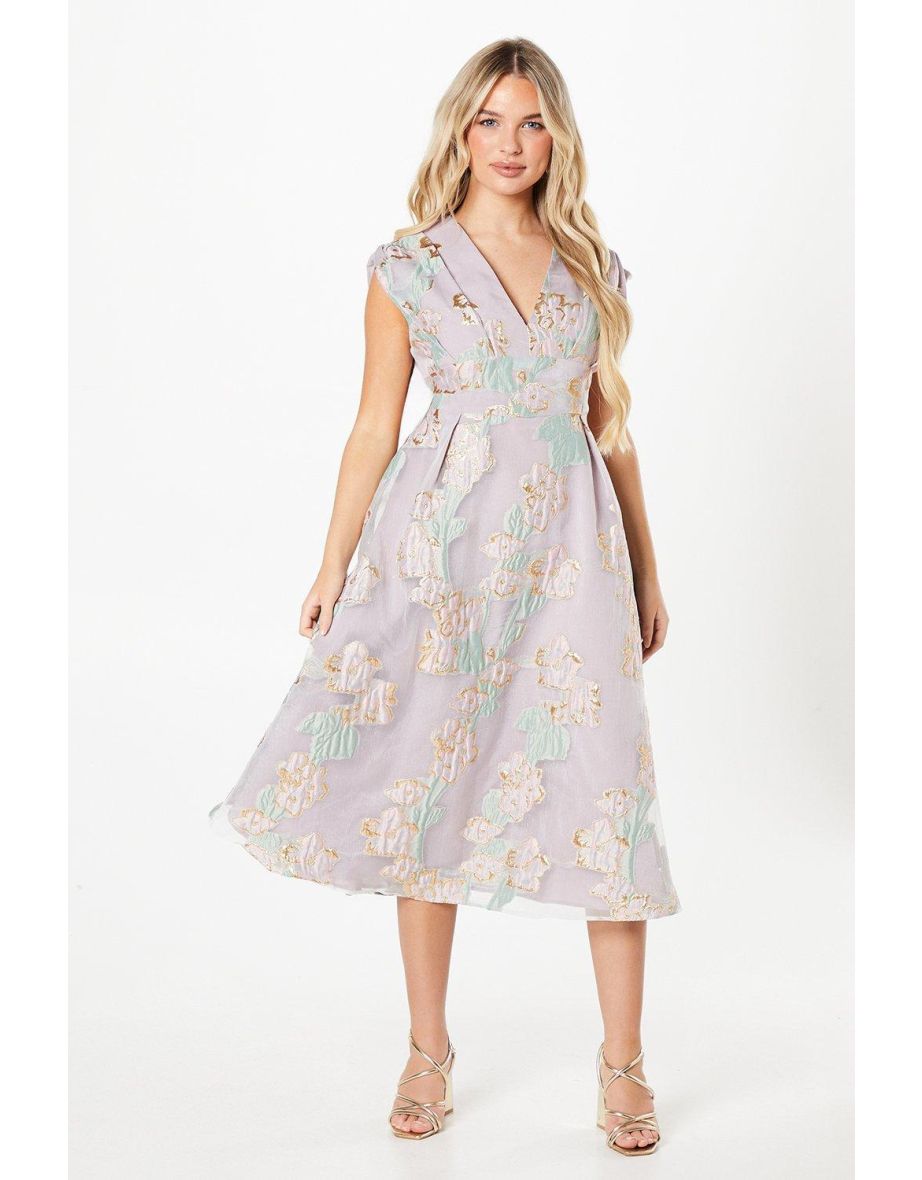 Petite Pleated Bodice Organza Jacquard Midi Dress