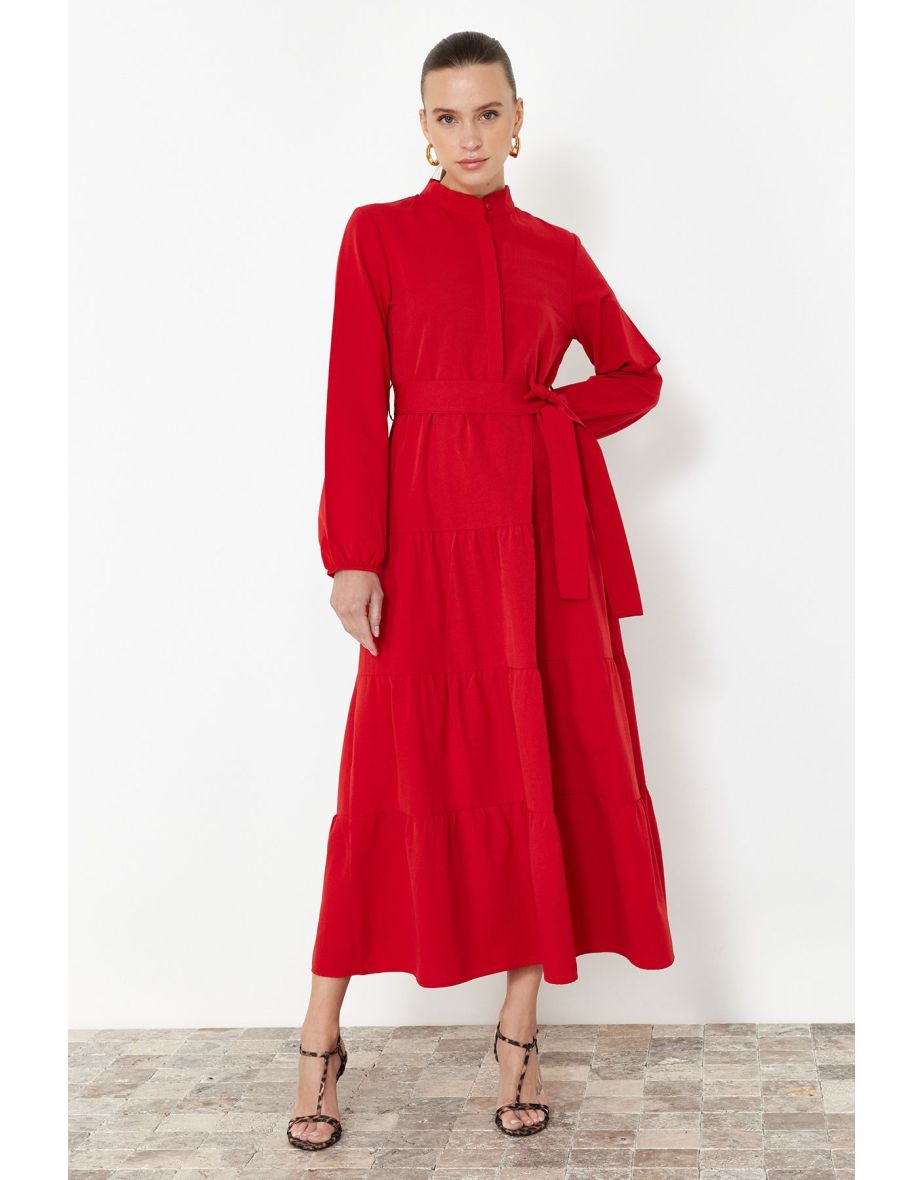 Red Belted Magnificent Collar Button Detailed Woven Dress