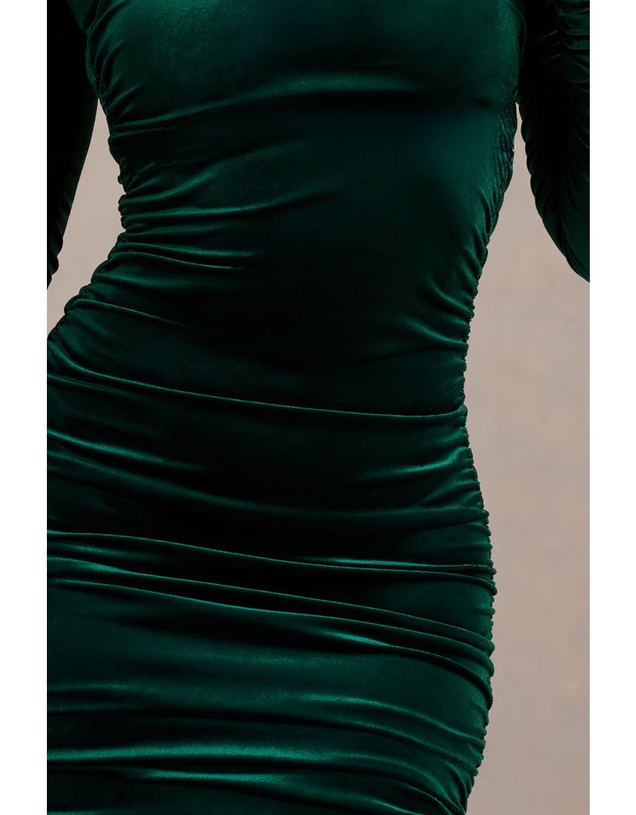 Muse | Bottle Green Velvet Long Sleeve Square Neck Ruched Mini Dress - 6