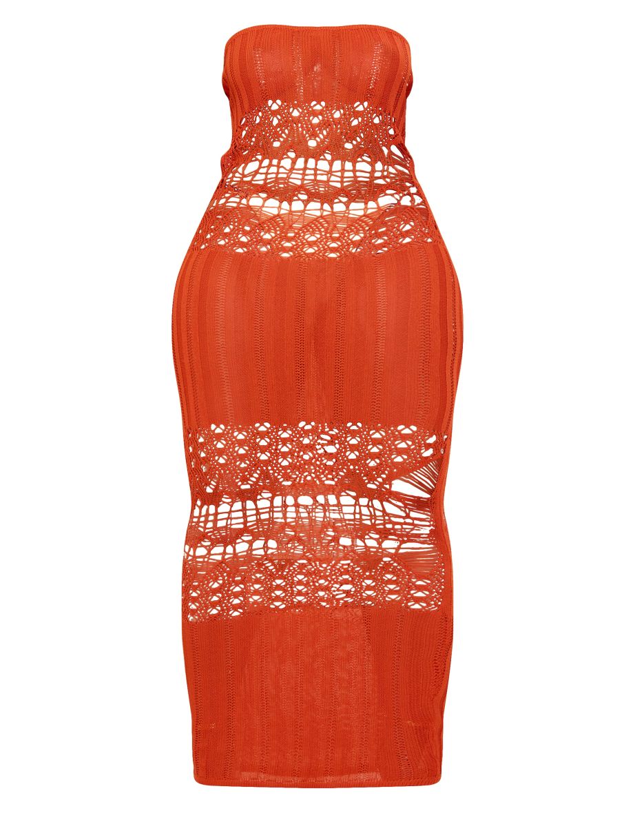 Shape Burnt Orange Knit Sheer Panel Bandeau Maxi Dress - 3