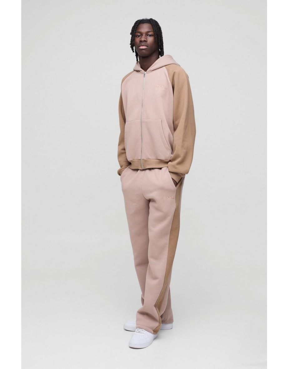 Oversized Man Colour Block Zip Hooded Tracksuit - taupe