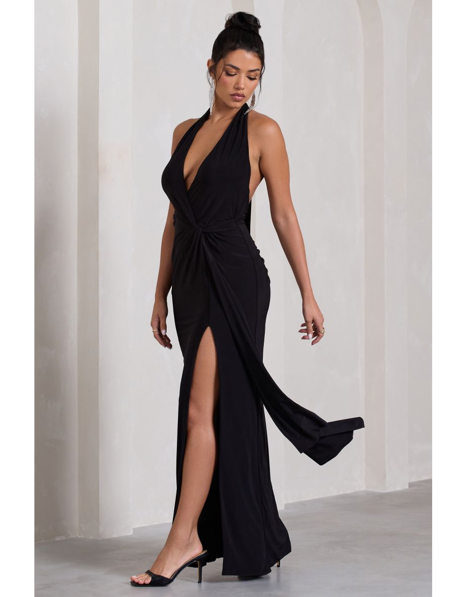 Tabloid Talk | Black Plunge Halter-Neck Maxi Dress With Twisted Drape - 4