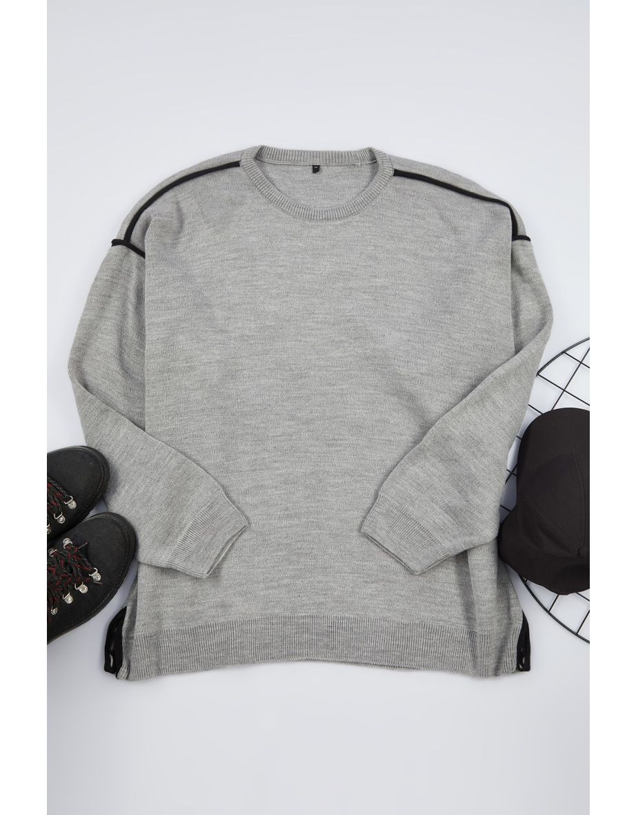 Gray FL Men's Oversize Crew Neck Plain Knitwear Plus Size Sweater - 5