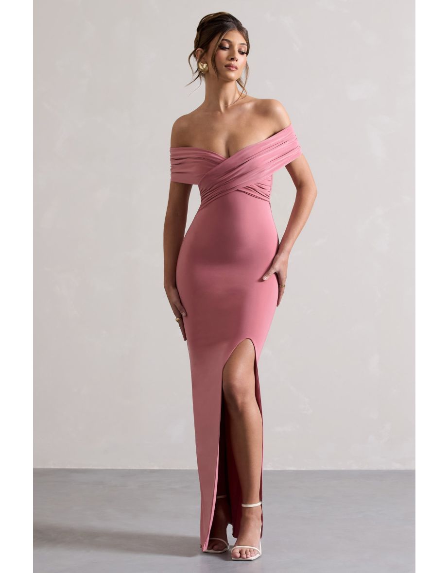 Refined | Blush Pink Twist Front Bardot Dress