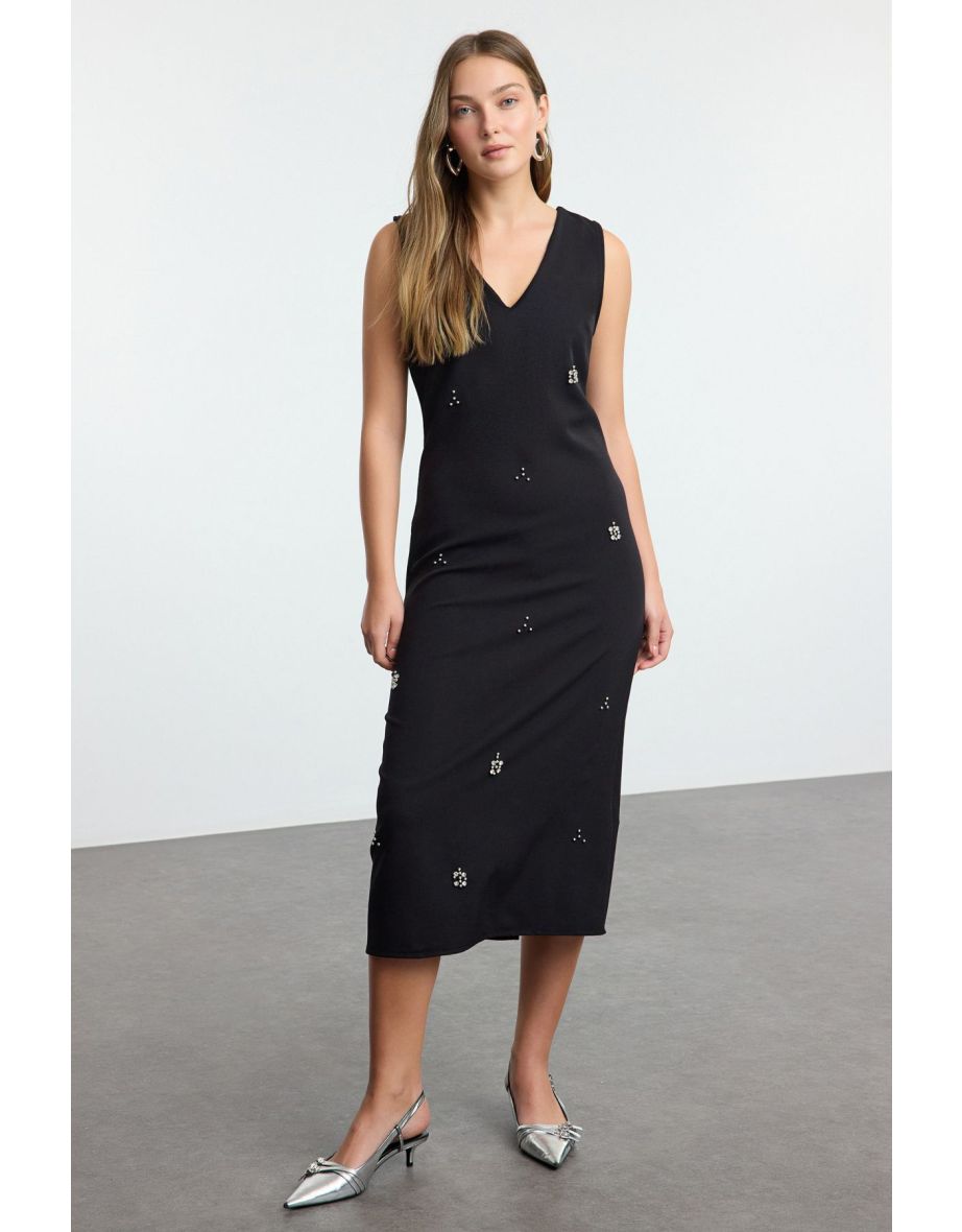 Black A-Line V-Neck Stone Embroidered Midi Vest Woven Dress