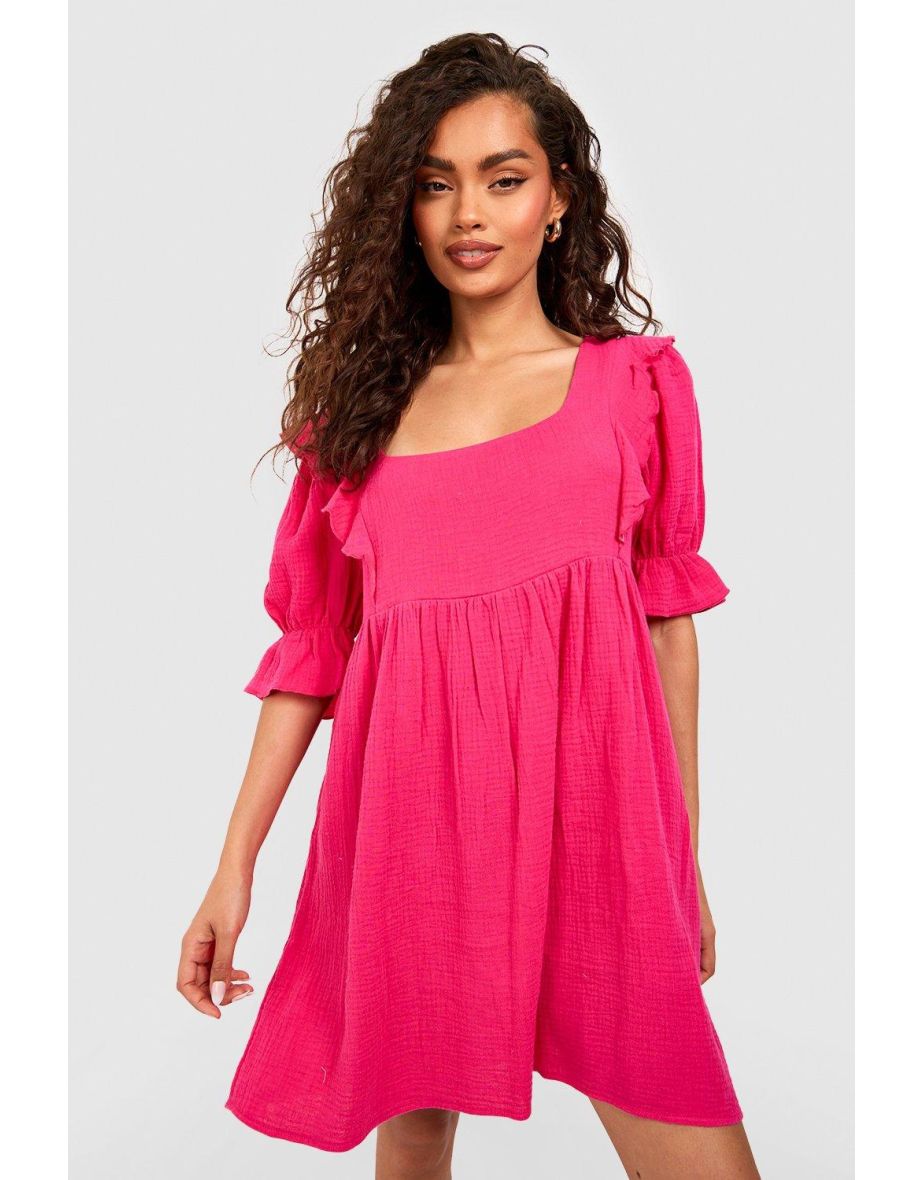 Textured Cotton Ruffle Smock Dress - hot pink