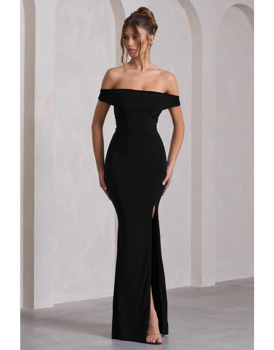 Black Bardot Draped Split Maxi Dress - 4