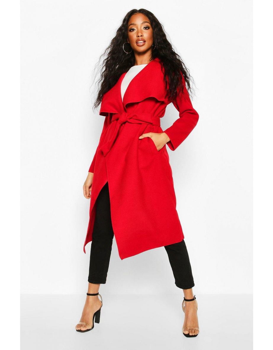 Belted Waterfall Coat - red