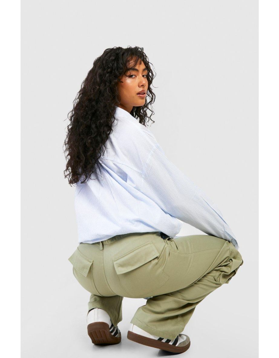 High Waisted Twill Straight Leg Cargo Pants - washed khaki - 3