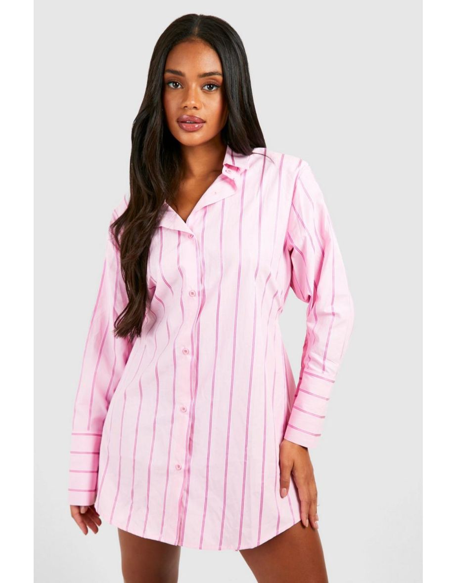 Striped Cinched Waist Shirt Dress - pink