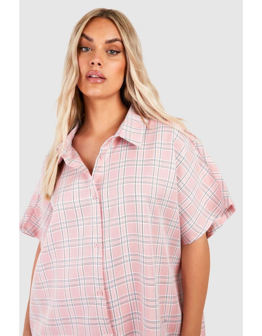 Plus Short Sleeve Oversized Checked Shirt - pink - 3