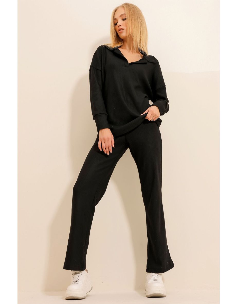 Women's Black Polo Neck Top And Palazzon Trousers Knitwear Bottom Top Suit - 5