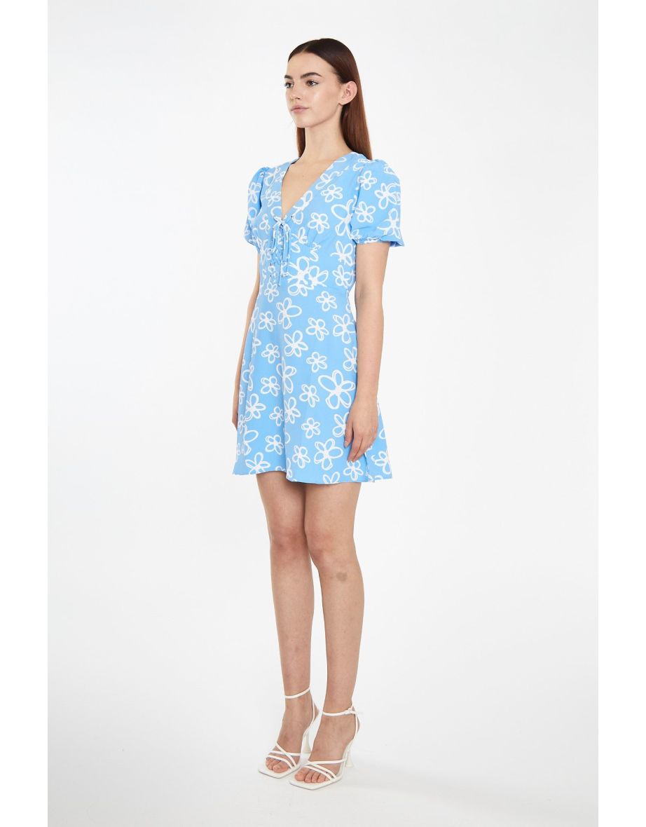 Blue Scribble-Daisy Lace-Up Front Mini-Dress - 3