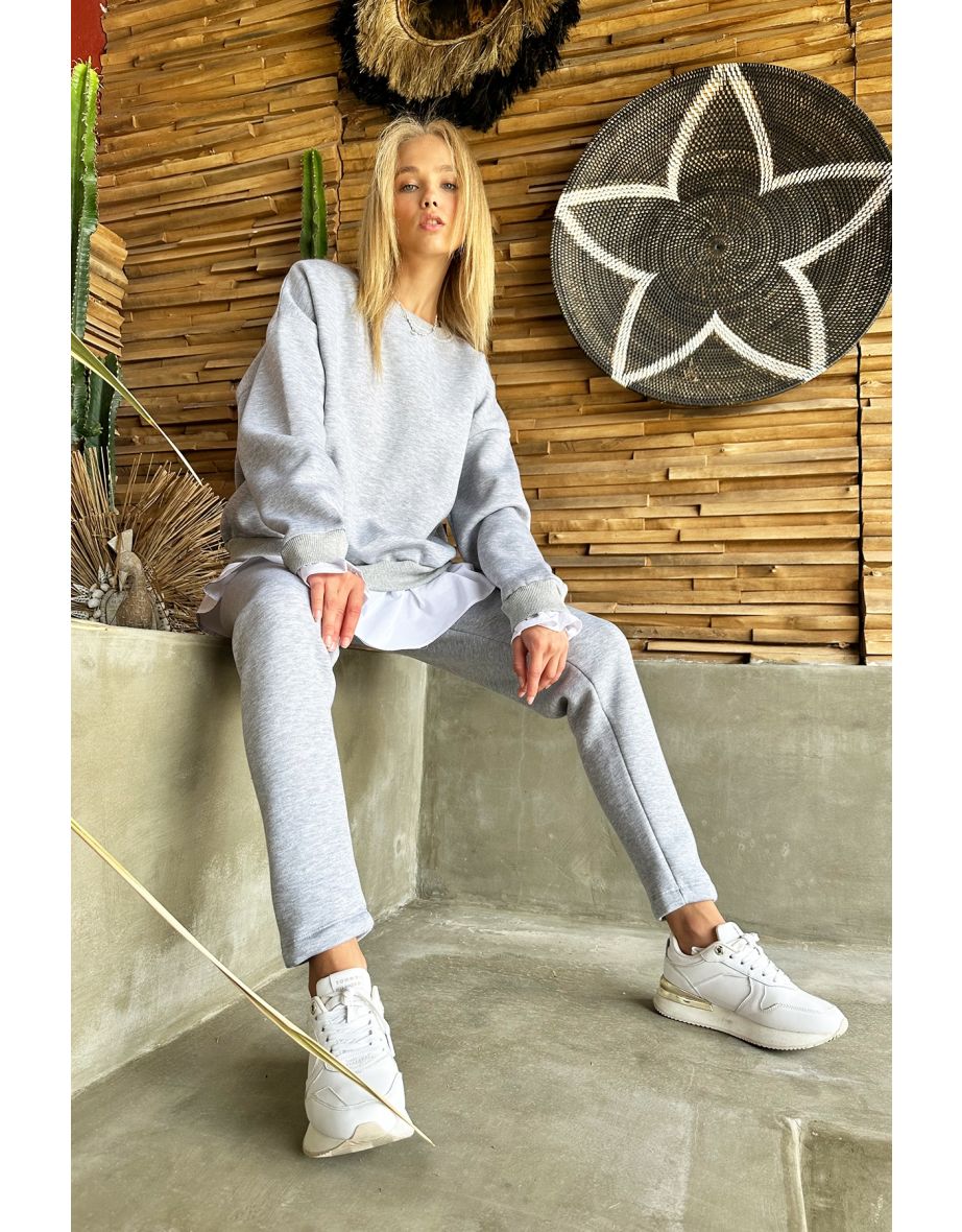 Women's Gray Crew-neck Skirt Shirt Detailed 3-Threads Wrapped Tracksuit Set