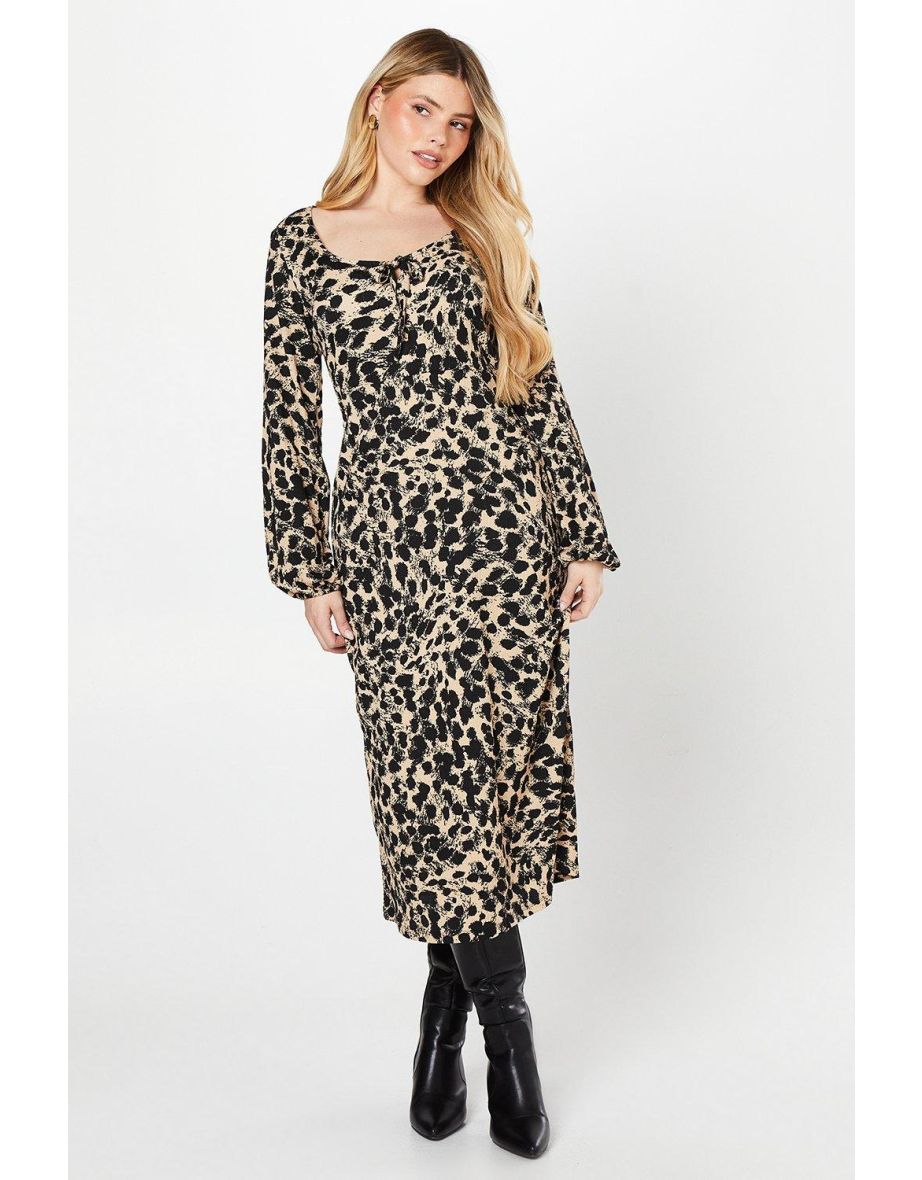 Leopard Tie Front Long Sleeve Midi Dress