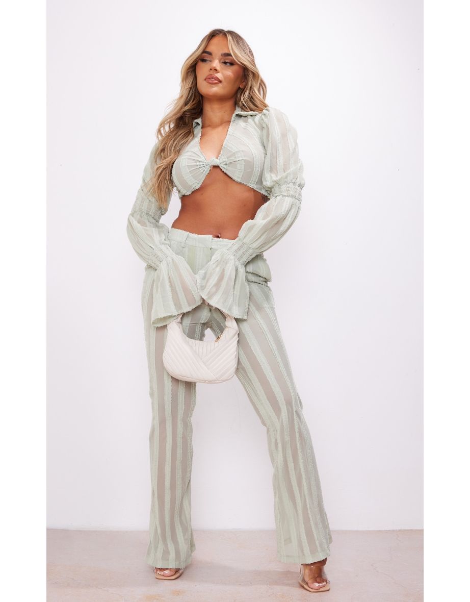 Sage Green Textured Woven Flare Trousers