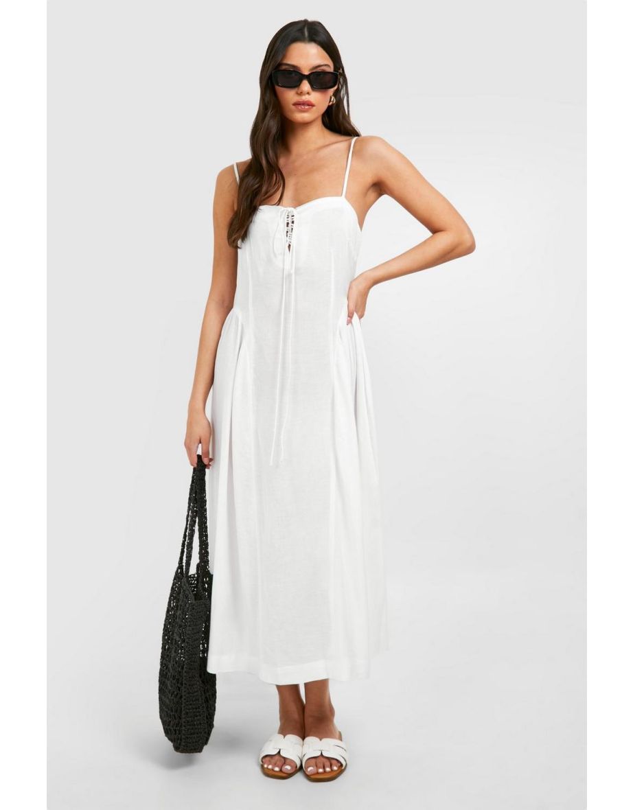 Linen Tie Front Milkmaid Midaxi Dress - white