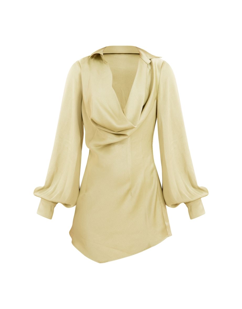 Sage Textured Satin Cowl Neck Collared Shirt Dress - 4