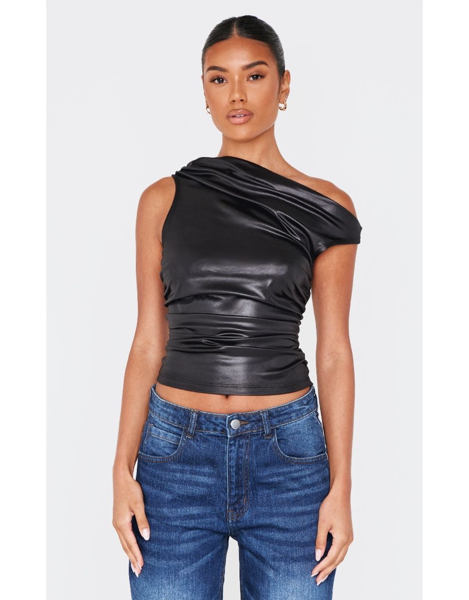 Black Metallic Asymmetric Ruched Side Top