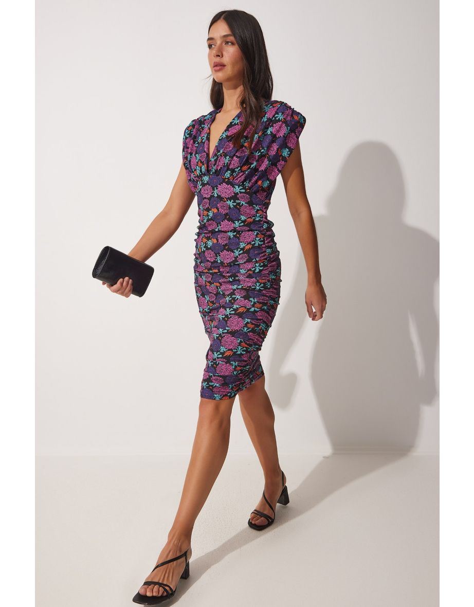 Purple Floral Ruched Bodycon Midi Dress