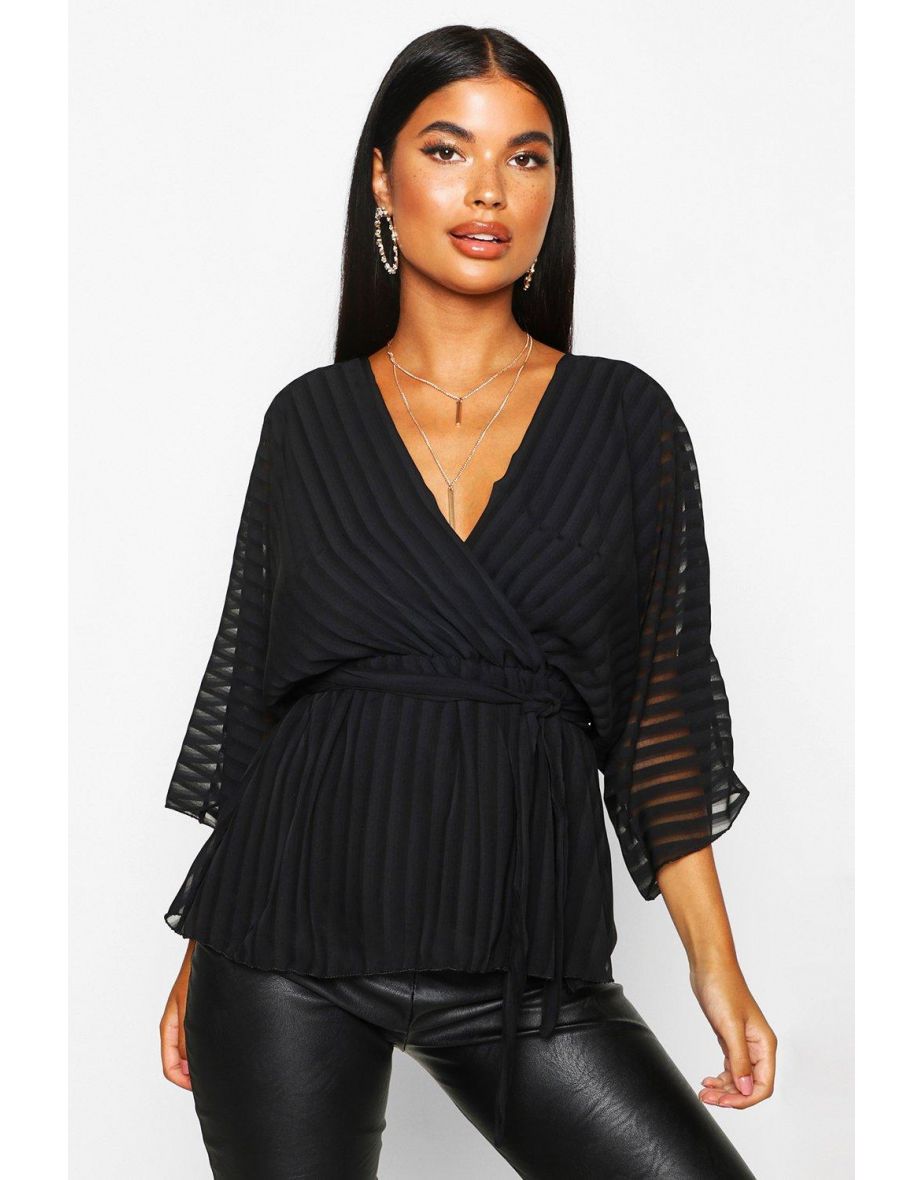 Petite Woven Sheer Stripe Wrap Batwing Blouse - black