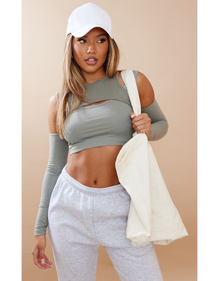 Khaki Rib Mix Overlay Cold Shoulder Crop Top