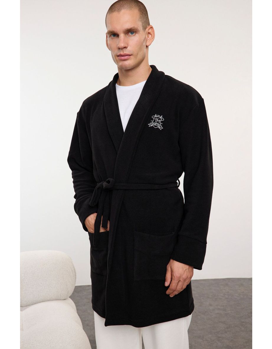 Men's Black Embroidered Wellsoft Winter Polar Fleece Dressing Gown - 5