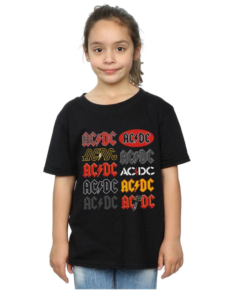 AC/DC Girls Multi Logos Cotton T-Shirt - Black