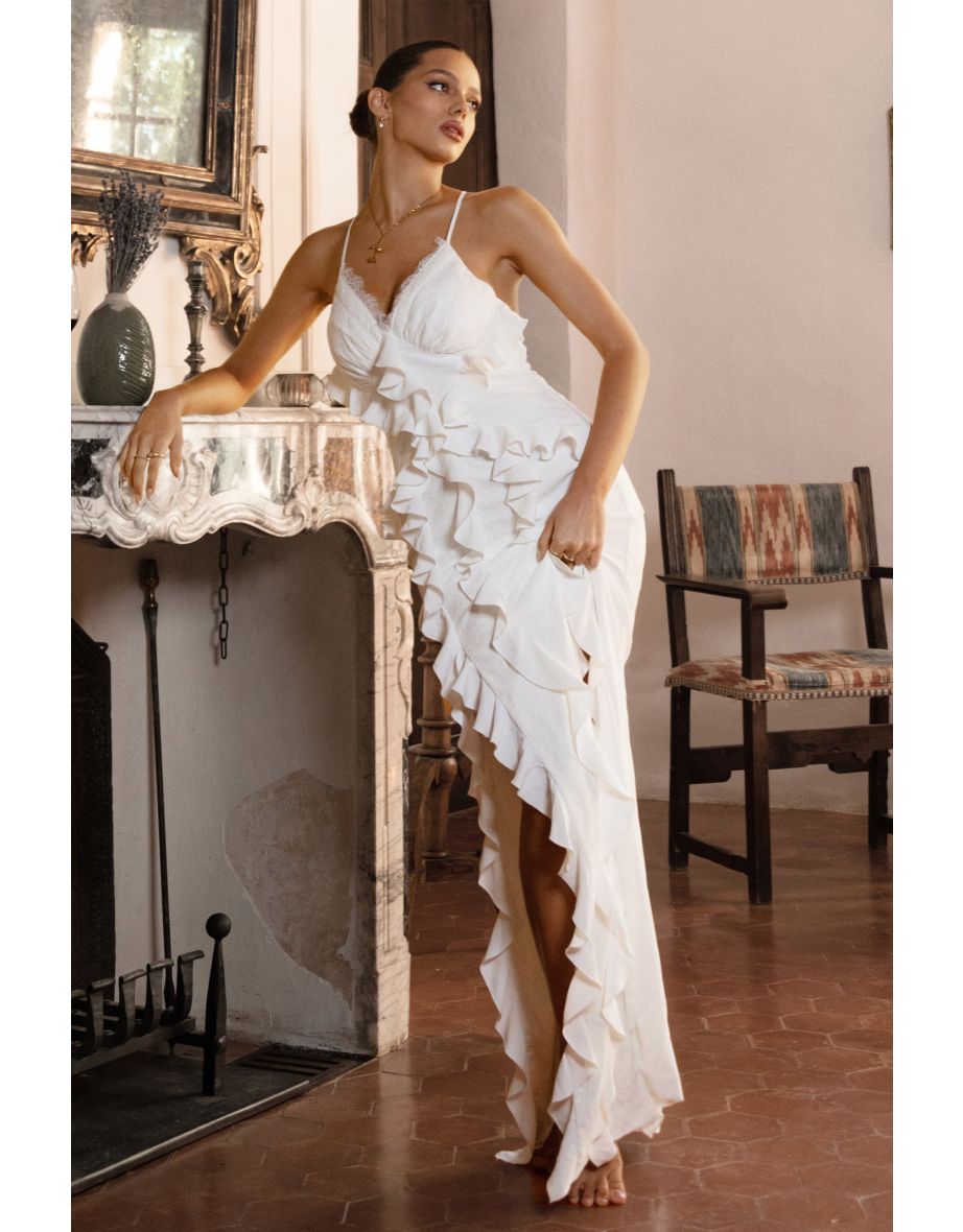 Clematis | White Lace Strappy Ruffled Maxi Dress - 5