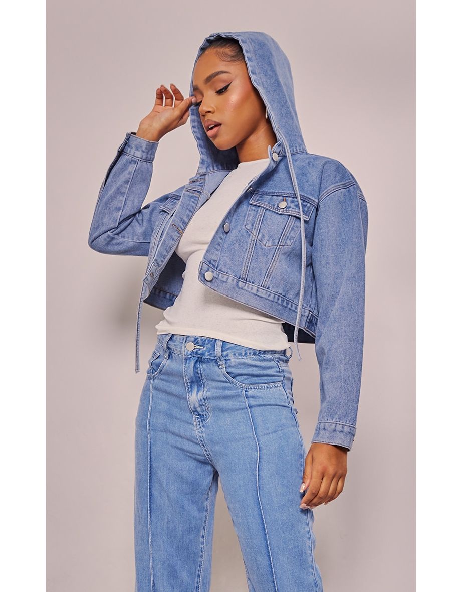 Cropped hooded hot sale denim jacket