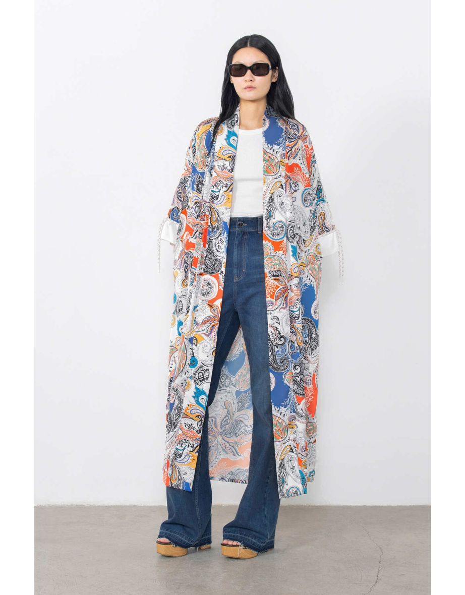 Lace-Up Detailed Belted Kimono With Band Sleeves