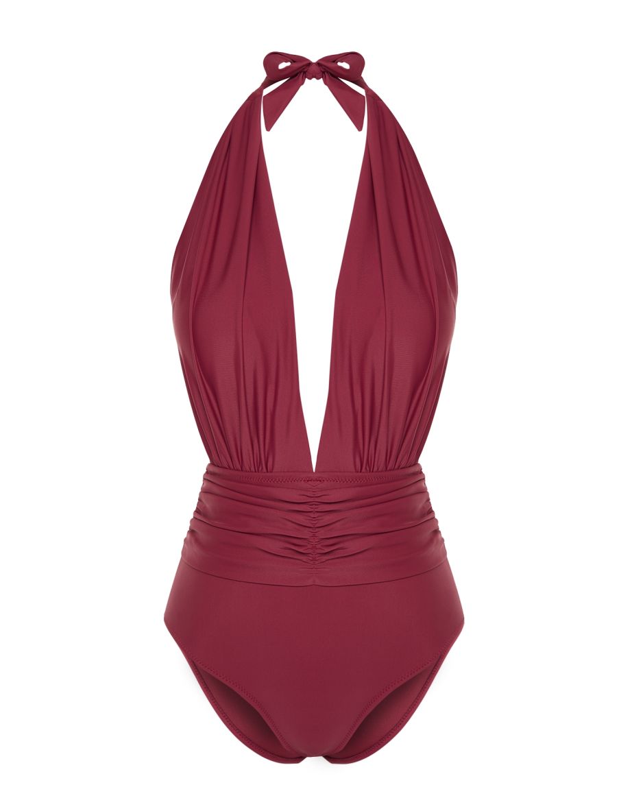 Burgundy Deep Decollete Gathered Swimsuit