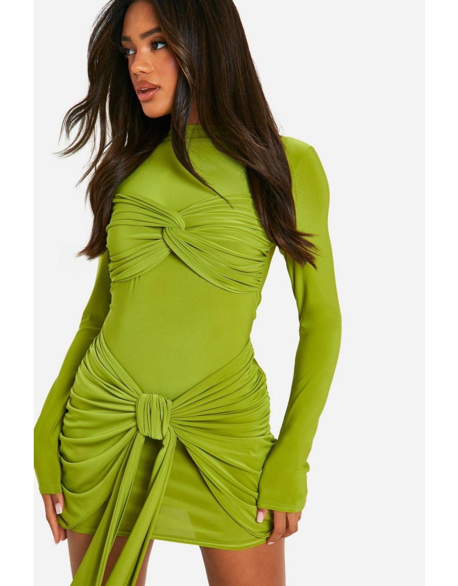 Ruched Twist Detail Mini Dress - lime - 3
