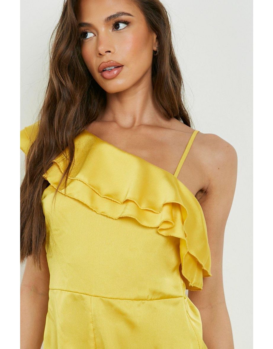 Satin Ruffle One Shoulder Playsuit - yellow - 3