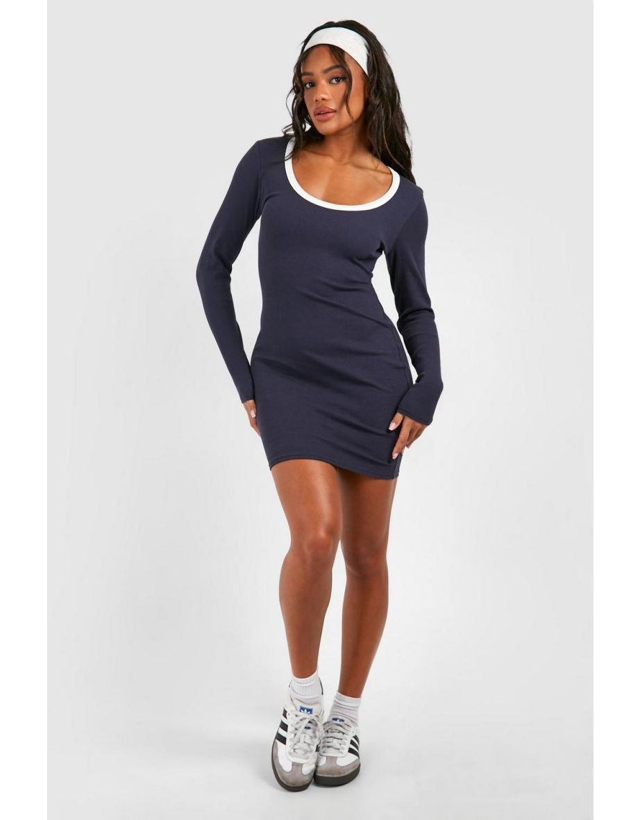 Premium Contrast Rib Scoop Neck Bodycon Dress