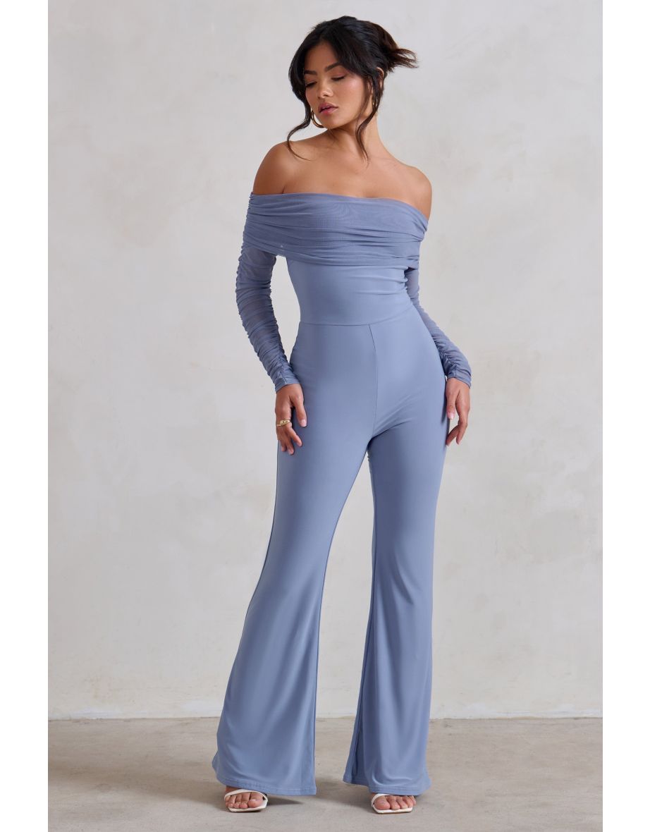 Whisper | Ice Blue Ruched Mesh Bardot Jumpsuit - 4